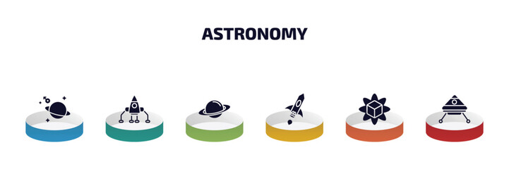 Poster - astronomy infographic element with filled icons and 6 step or option. astronomy icons such as astrology, space lander, saturn, space ship, simulator, space capsule vector.