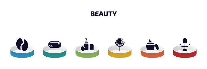 Poster - beauty infographic element with filled icons and 6 step or option. beauty icons such as eye patch, little makeup box, concealer, makeup mirror, facial cream, beauty salon chair vector.