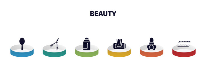 Poster - beauty infographic element with filled icons and 6 step or option. beauty icons such as inclined hairbrush, manicure scissors, deodorant, wet wipes, french perfume, bobby pins vector.
