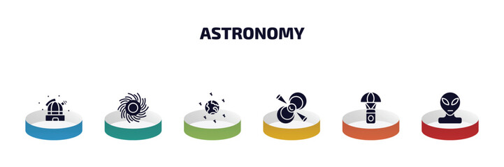 Poster - astronomy infographic element with filled icons and 6 step or option. astronomy icons such as observatory, black hole, space junk, pulsar, capsule parachute, alien vector.