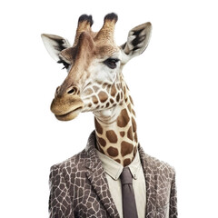 Wall Mural - Portrait of a giraffe dressed in a formal business suit on white background, transparent png, generative ai
