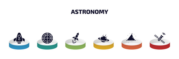 Poster - astronomy infographic element with filled icons and 6 step or option. astronomy icons such as space shuttle, radar system, rocket ship, space collision, triangulam australe, space station vector.