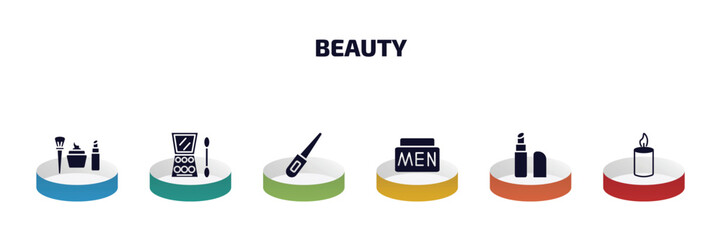 Poster - beauty infographic element with filled icons and 6 step or option. beauty icons such as women makeup, big makeup box, curlers, men cream, inclined lipstick, candle light vector.