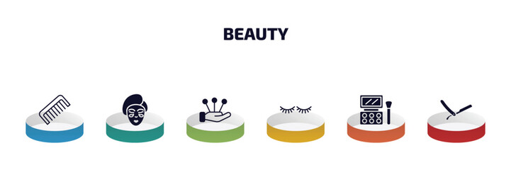 Poster - beauty infographic element with filled icons and 6 step or option. beauty icons such as comb, face mask, massage, two eyelashes, eye shadow, vintage razor vector.