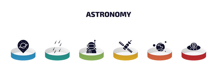 Poster - astronomy infographic element with filled icons and 6 step or option. astronomy icons such as space travel, meteor shower, astronaut user, inclined satellite, mars with satellite, alien with