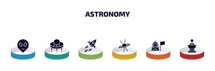 Poster - astronomy infographic element with filled icons and 6 step or option. astronomy icons such as extraterrestrial, big ufo, rocket flying, quasar, astronaut and flag, radar pointing up vector.