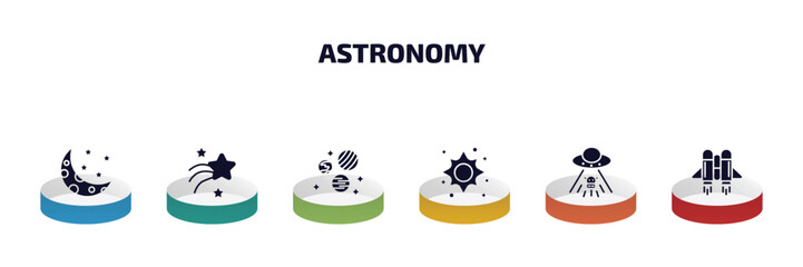 Poster - astronomy infographic element with filled icons and 6 step or option. astronomy icons such as half moon, shooting star, planets, supernova, ufo and cow, jet pack vector.
