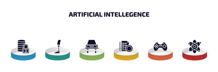 Poster - artificial intellegence infographic element with filled icons and 6 step or option. artificial intellegence icons such as secure data, prosthesis, hover transport, evaluation, gaming, science
