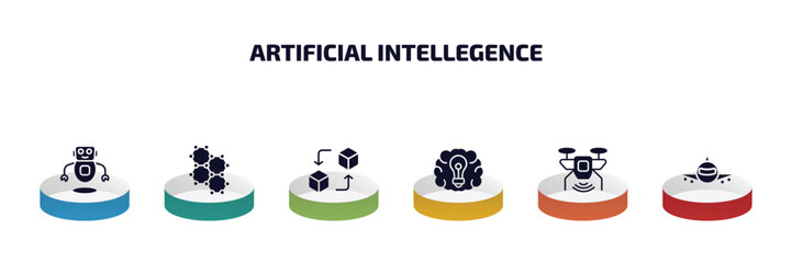 Poster - artificial intellegence infographic element with filled icons and 6 step or option. artificial intellegence icons such as robots, graphene, replacement, future brain, unmanned aerial vehicle,