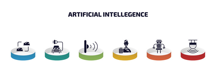 Poster - artificial intellegence infographic element with filled icons and 6 step or option. artificial intellegence icons such as mind transfer, solar energy car, infrared, shop assistant, robot, motion
