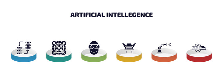 Poster - artificial intellegence infographic element with filled icons and 6 step or option. artificial intellegence icons such as data transfer, ai grid, oculus rift, fyling vehicle, mechanical arm,