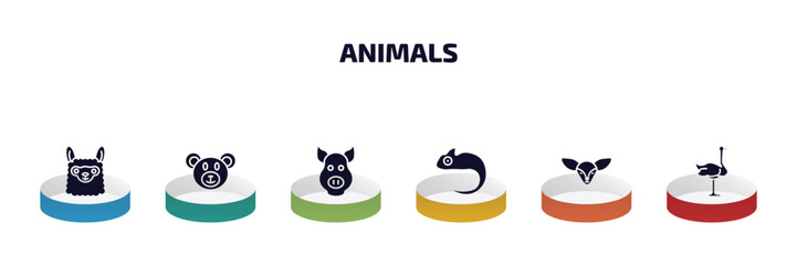 Poster - animals infographic element with filled icons and 6 step or option. animals icons such as llama, bear, pig, chameleon, fennec fox, ostrich vector.