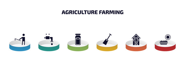 Poster - agriculture farming infographic element with filled icons and 6 step or option. agriculture farming icons such as farmer hoeing, faucet, milk jar, digging bar, shed, trough vector.
