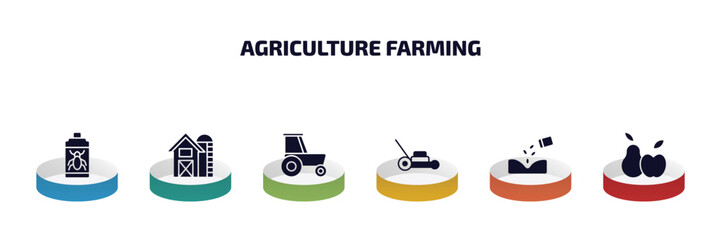 Poster - agriculture farming infographic element with filled icons and 6 step or option. agriculture farming icons such as insecticide, farm, tractor, lawnmower, plant seeds, fruit vector.