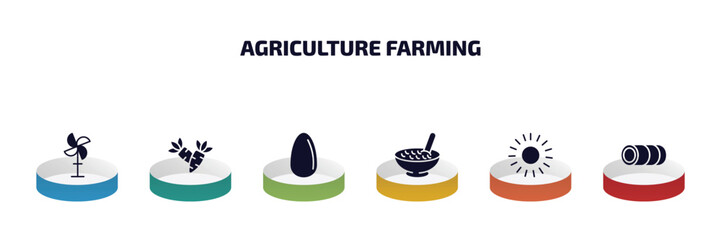 Poster - agriculture farming infographic element with filled icons and 6 step or option. agriculture farming icons such as vane, carrots, egg, cereals, sunny, bale of hay vector.