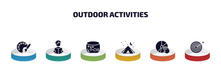 Poster - outdoor activities infographic element with filled icons and 6 step or option. outdoor activities icons such as coloring, read, aquarium, camp, disc jockey, dartboard vector.