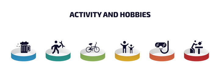 Poster - activity and hobbies infographic element with filled icons and 6 step or option. activity and hobbies icons such as brewing, repairing, bmx, aerobic, diving, lace making vector.