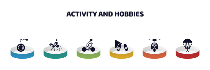 Poster - activity and hobbies infographic element with filled icons and 6 step or option. activity and hobbies icons such as yoyo, horse riding, biking, game playing, motorcycle, gliding parachutist vector.