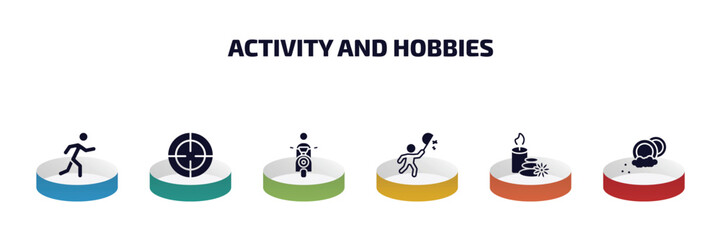 Poster - activity and hobbies infographic element with filled icons and 6 step or option. activity and hobbies icons such as jogging, hunting, motorcycle riding, insect collecting, relaxing, dish washing