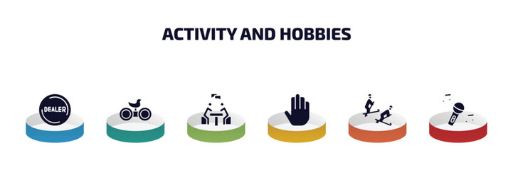 Poster - activity and hobbies infographic element with filled icons and 6 step or option. activity and hobbies icons such as dealer, bird watching, meeting with a friend, greeting, freestyle, sing vector.