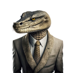 Wall Mural - Portrait of a snake dressed in a formal business suit on white background, transparent png, generative ai