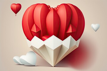 Poster - A valentine's day illustration shows a heart shaped balloon with a floating gift box attached to it. Styles of digital craft and paper art. Generative AI