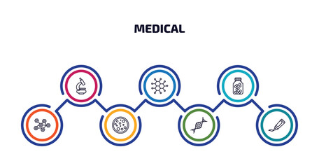 Poster - medical infographic element with outline icons and 7 step or option. medical icons such as microscope tool, molecular configuration, medicine capsules, three hexagons cell, cells in a circle,
