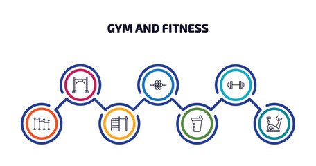 Poster - gym and fitness infographic element with outline icons and 7 step or option. gym and fitness icons such as training apparatus, roller, barbell weightlifting, horizontal bar, tightening bar, protein