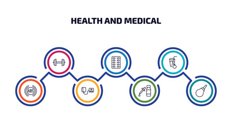 Poster - health and medical infographic element with outline icons and 7 step or option. health and medical icons such as dumbbell, medical strip, orange juice, abs, blood pressure gauge, serum, enema