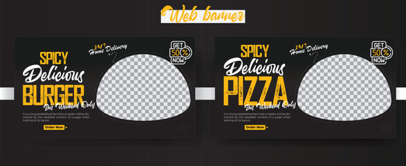 Wall Mural - Spicy Delicious Burger And Pizza food web banner template for marketing, Restaurant food menu social media marketing web banner. Pizza, burger or hamburger online sale promotion video thumbnail. Ads.