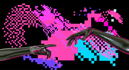 Aufkleber - Two 3D hands going to touch together on a pixelated glitched background. 