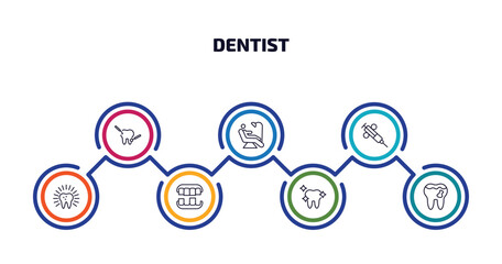 Poster - dentist infographic element with outline icons and 7 step or option. dentist icons such as dental care, examination, dental needle, dental, overdenture, white teeth, cavities vector.