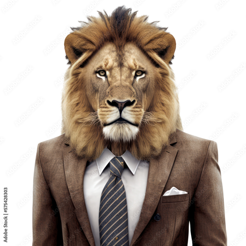 Portrait of a lion dressed in a formal business suit on white ...