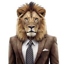 Portrait Of A Lion Dressed In A Formal Business Suit On White Background, Transparent Png, Generative Ai