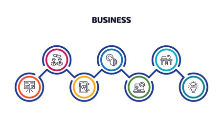 Poster - business infographic element with outline icons and 7 step or option. business icons such as consulting, value chart, workplace, stellar, mobile stock data, data analytics, solution vector.