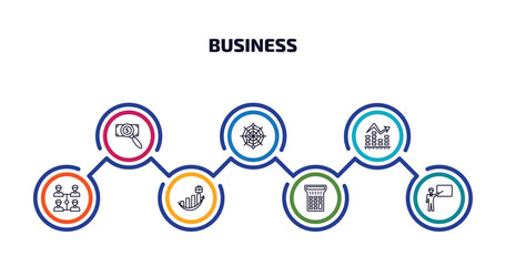 Poster - business infographic element with outline icons and 7 step or option. business icons such as dollar business search, spider chart, ascendant graph, increase team work, professional advance,
