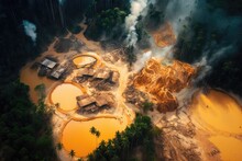 Aerial view of deforested area of the Amazon rainforest caused by illegal mining activities, created with Generative AI

