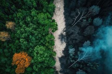 Wall Mural - Deforest environmental problem, aerial split image from above top view,logging of rain forest, created with Generative AI
