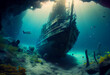 sunken ship at the bottom of the ocean. old sunken ship.