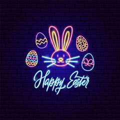 Poster - Happy Easter Bunny Neon Label. Vector Illustration of Spring Christianity Religion Holiday Glowing Led Electric Light.