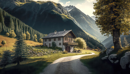 Wall Mural - Berglandschaft in Österreich Tirol Salzkammergut mit Bergen Seen Flüssen Illustration Background Hintergrund Photorealismus Cover Generative AI Digital Art Kunst