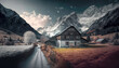 Berglandschaft in Österreich Tirol Salzkammergut mit Bergen Seen Flüssen Illustration Background Hintergrund Photorealismus Cover Generative AI Digital Art Kunst