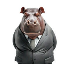 Portrait Of A Hippopotamus Dressed In A Formal Business Suit On White Background, Transparent Png, Generative Ai