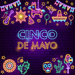 Sticker - Cinco De Mayo Holiday Neon Background. Vector Illustration of Hispanic Religion Holiday Glowing Led Electric Light.