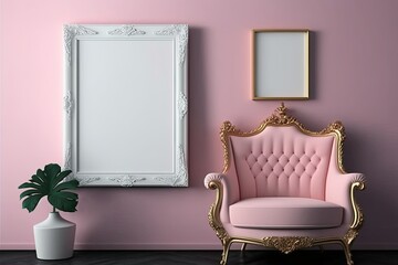 Wall Mural - There is a pink velvet recliner and a blank picture frame on the wall. Generative AI