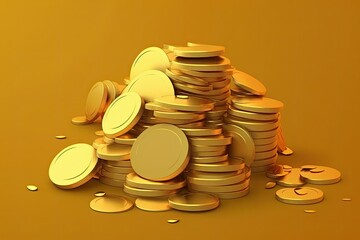 Concept of making money, depicted by a pile of golden coins on a yellow background. Coins of gold or business currencies. Generative AI