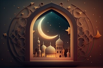 Sticker - Ramadan Kareem, Mawlid, Iftar, Isra Miraj, Eid Al Fitr Adh Din, Muharram, Copy Space, Islamic Background with Crescent Moon Mosque, Window, Lantern in Cartoon Style. Generative AI