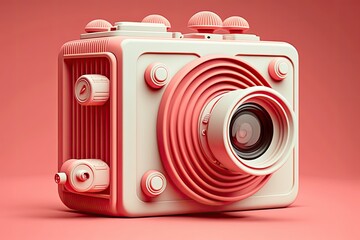 Poster - the minimal abstract creative concept of a vintage film camera in a pastel red frame. area for putti