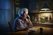 an illustration of an elderly woman on the phone in dramatic lighting, being victim of a voice phishing scam. Generative Ai