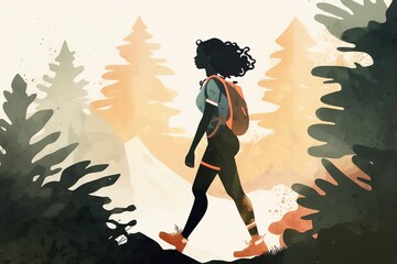 a minimalist illustration in pastel colors of an Afro American woman hiking in nature, travel concept